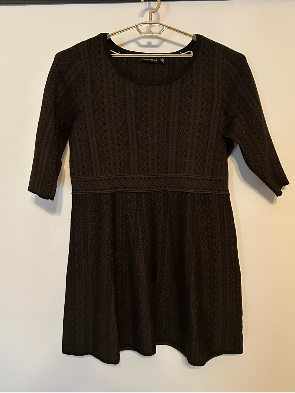 Nina Leonard Black Patterned Long-Sleeve Fit & Flare Dress